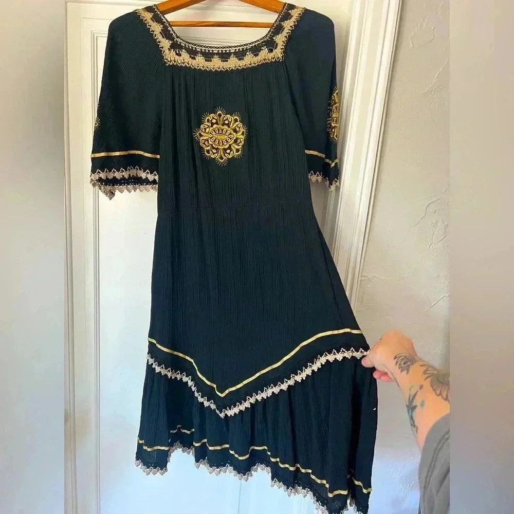 Vintage Greek Embroidered Boho Dress - Black & Gold Cotton Midi size M
